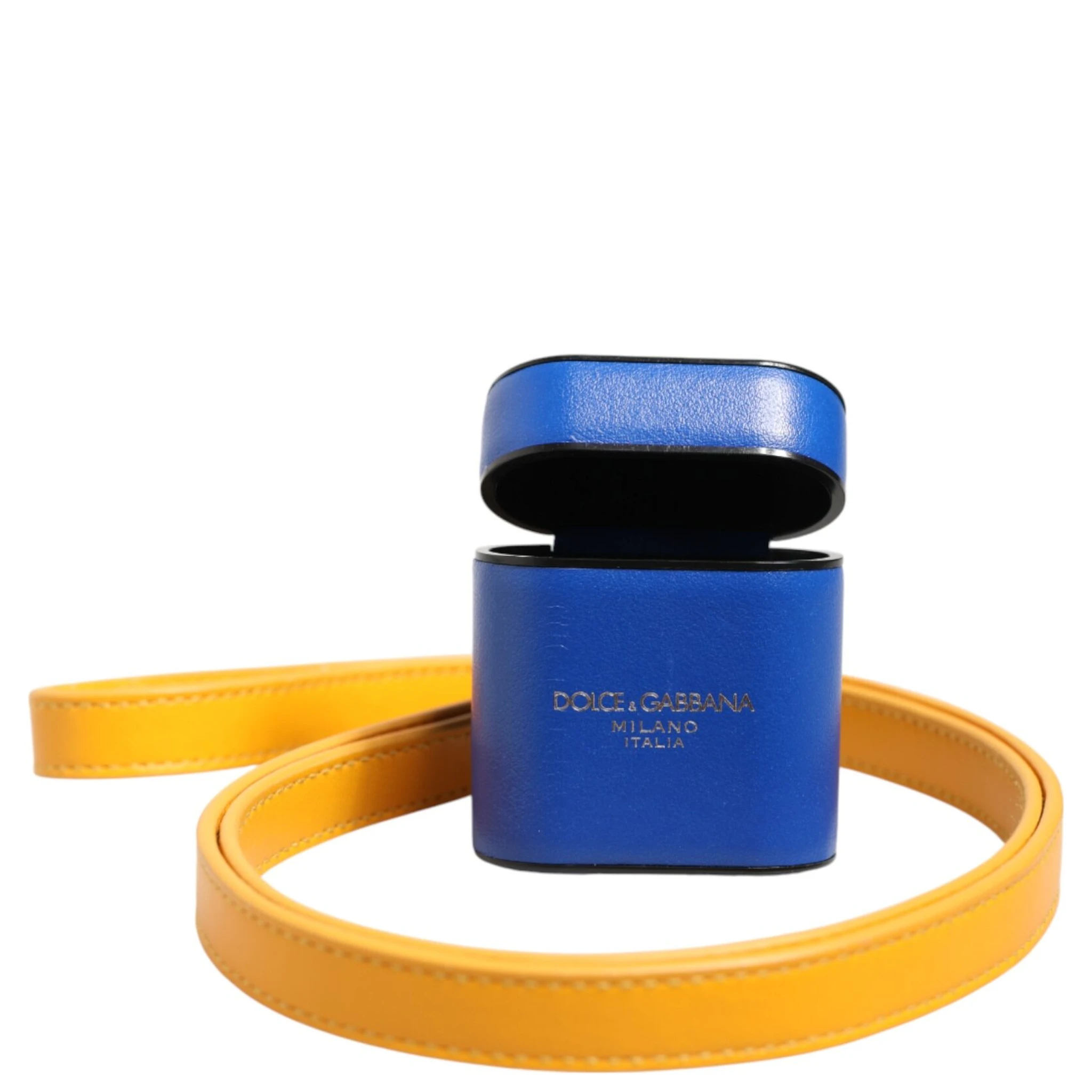 Blue Yellow Calfskin Leather Logo Strap Men Airpods Case