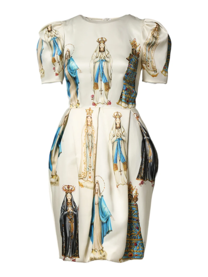 Beige Madonne Print Silk Short Sleeve Dress