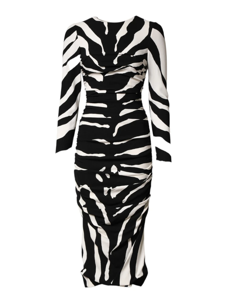 Black White Zebra Viscose Sheath Midi Dress