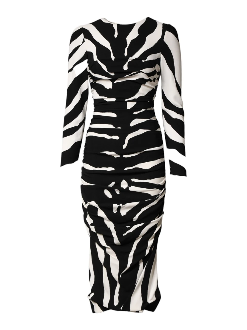 Black White Zebra Viscose Sheath Midi Dress