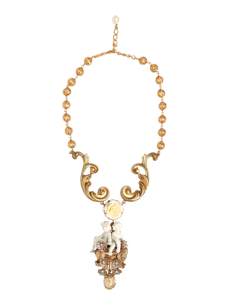 Gold Ceramic Crystal Cherub Baroque Pendant Necklace