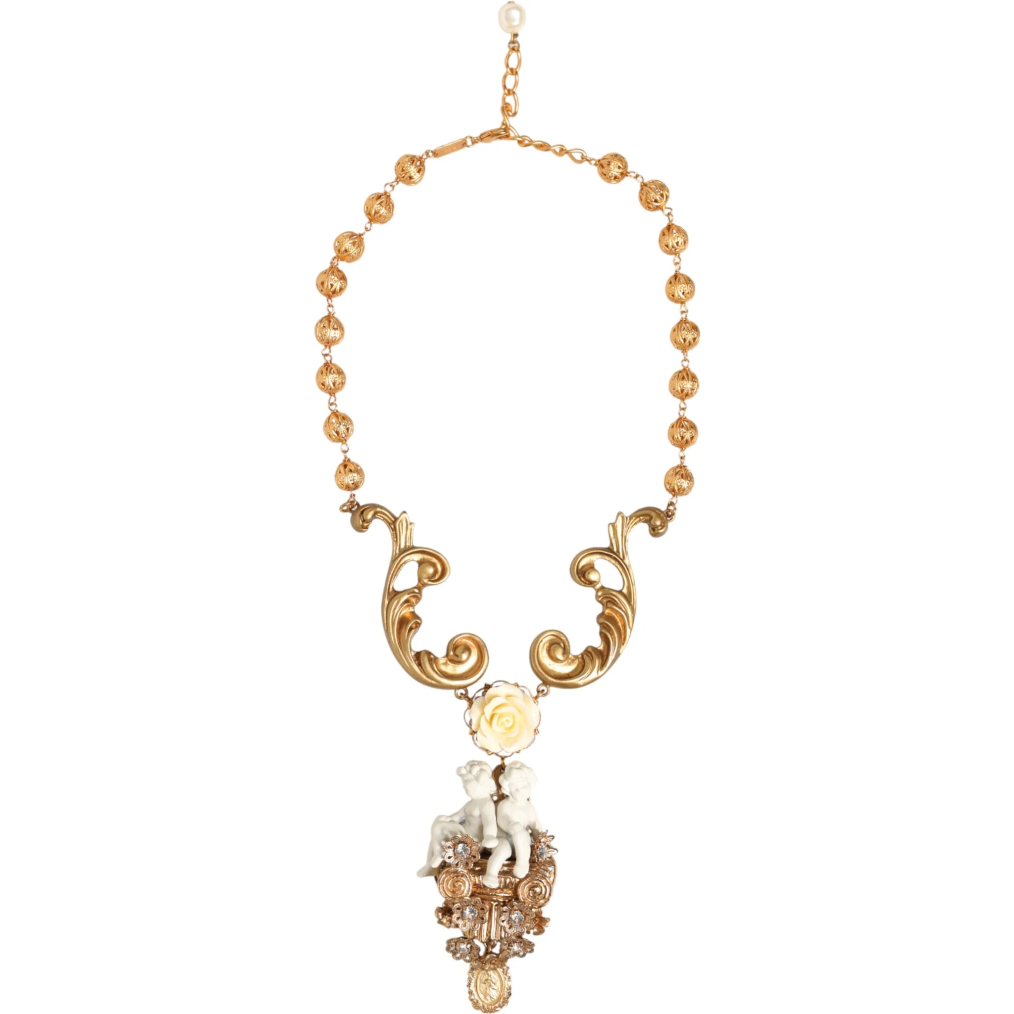Gold Ceramic Crystal Cherub Baroque Pendant Necklace