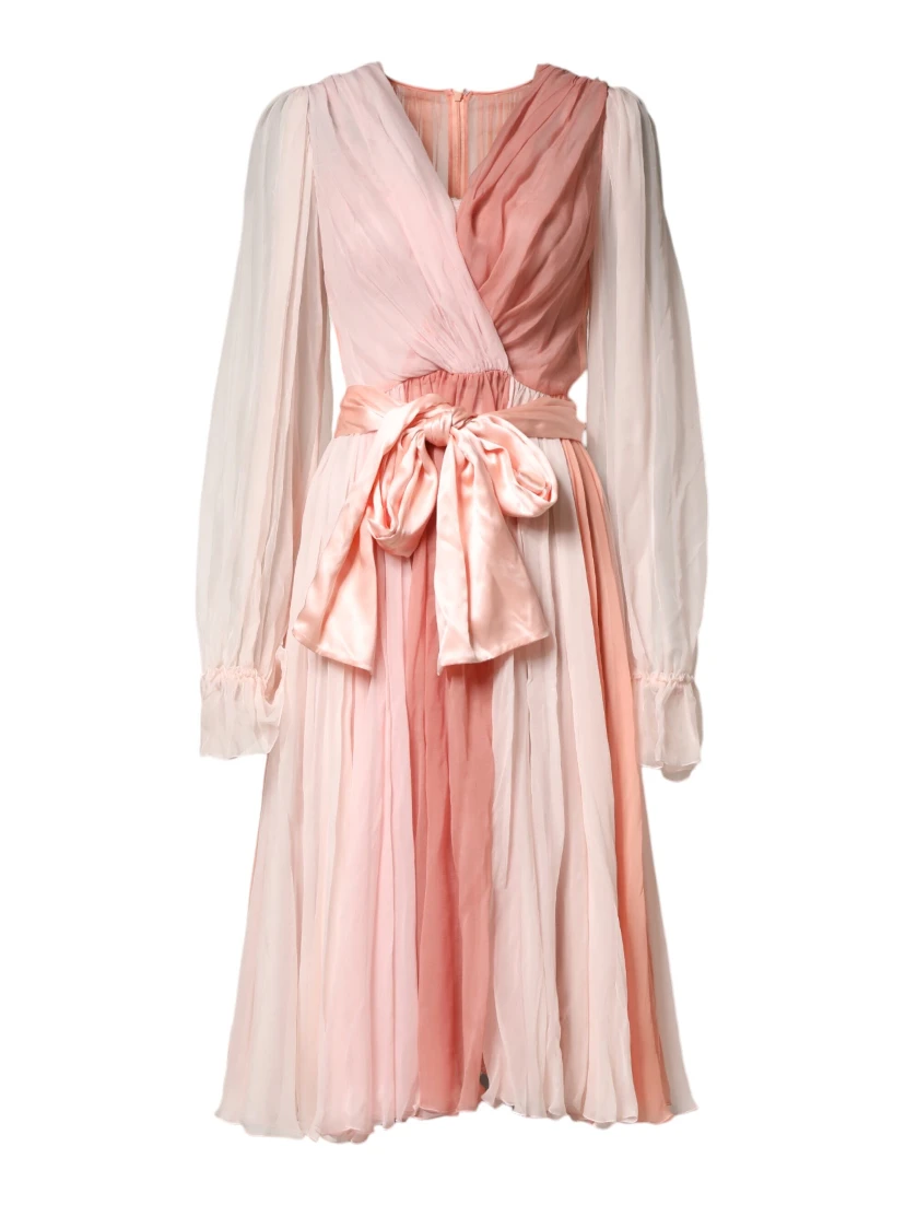 Pink Silk Tulle Long Sleeve V-neck Dress