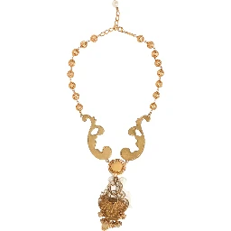 Gold Ceramic Crystal Cherub Baroque Pendant Necklace