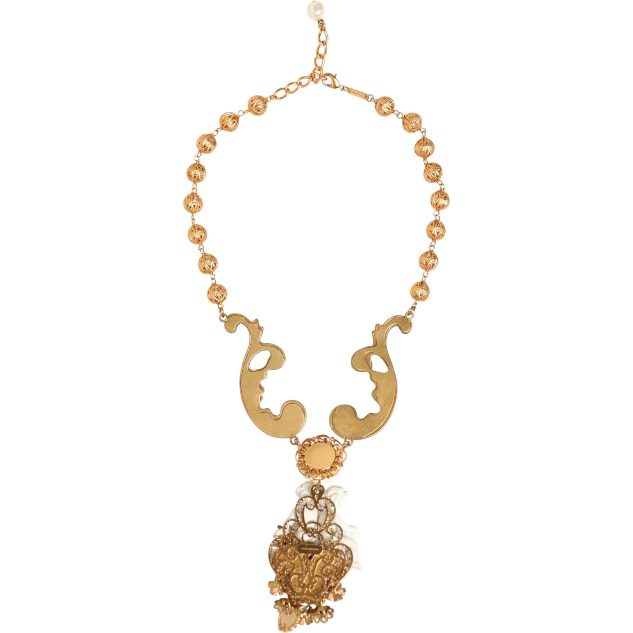 Gold Ceramic Crystal Cherub Baroque Pendant Necklace
