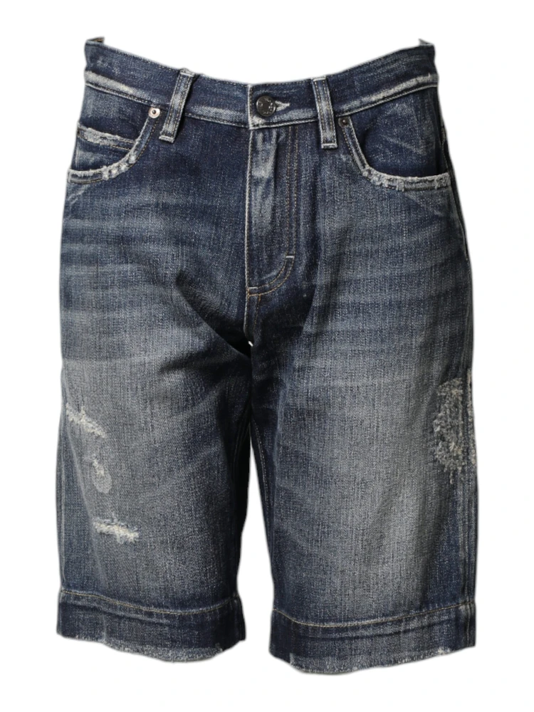 Blue Cotton Distressed Denim Bermuda Shorts
