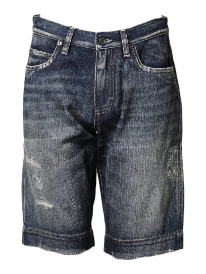 Blue Cotton Distressed Denim Bermuda Shorts