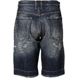 Blue Cotton Distressed Denim Bermuda Shorts