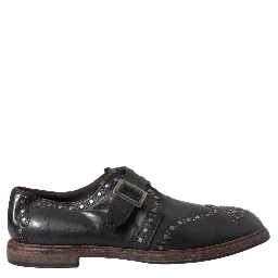 Black Leather Monk Strap Studded Dress Shoes