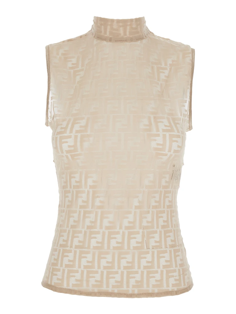 White Crewneck Sleeveless Top with All-Over FF Motif and Rear Zip Closure in Tech Fabric Stretch Woman