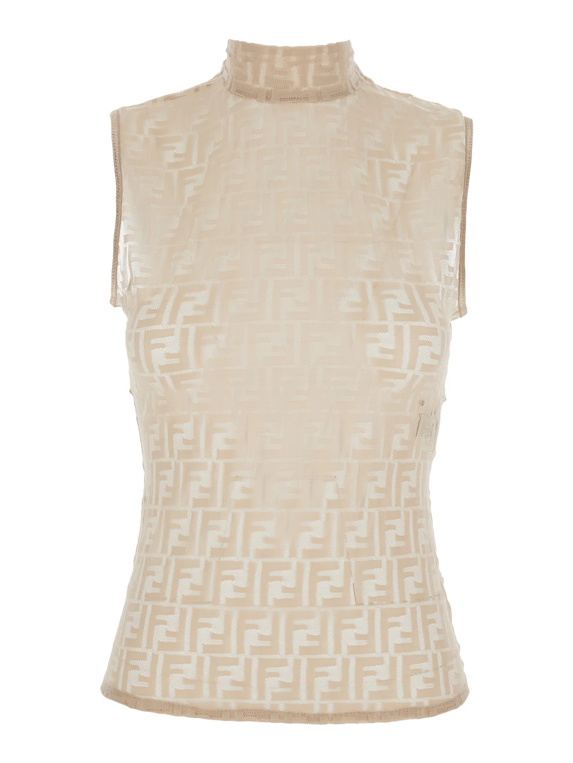 White Crewneck Sleeveless Top with All-Over FF Motif and Rear Zip Closure in Tech Fabric Stretch Woman