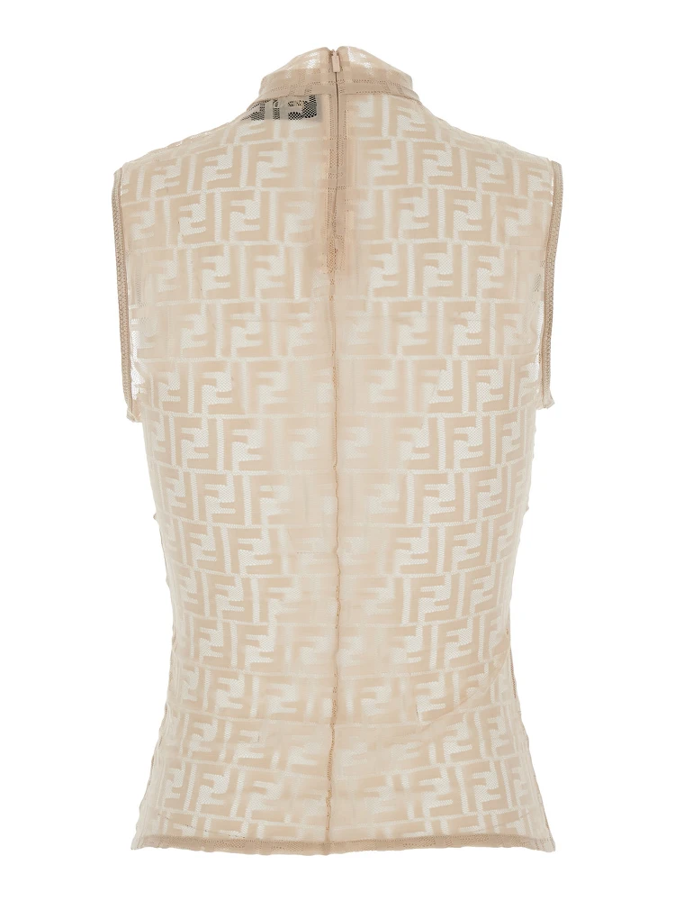 White Crewneck Sleeveless Top with All-Over FF Motif and Rear Zip Closure in Tech Fabric Stretch Woman alternative