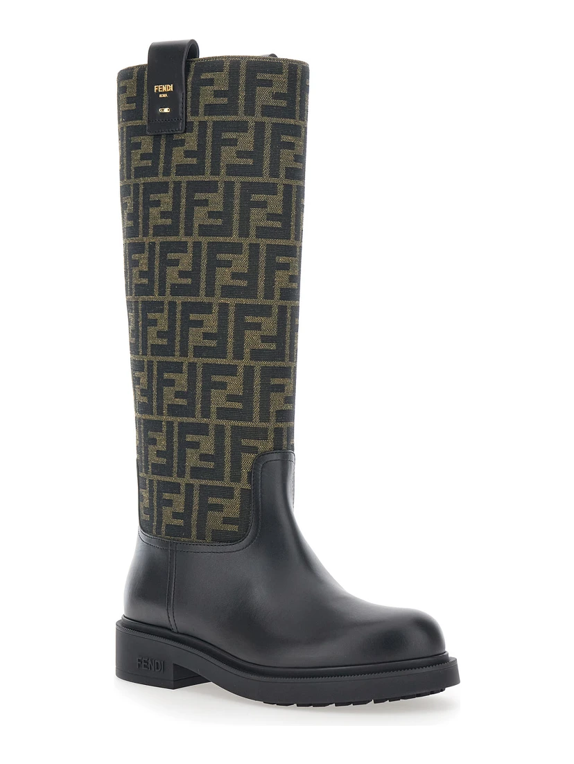 Black Boots with All-Over FF Motif and Side Lettering Logo in Leather and Fabric Woman