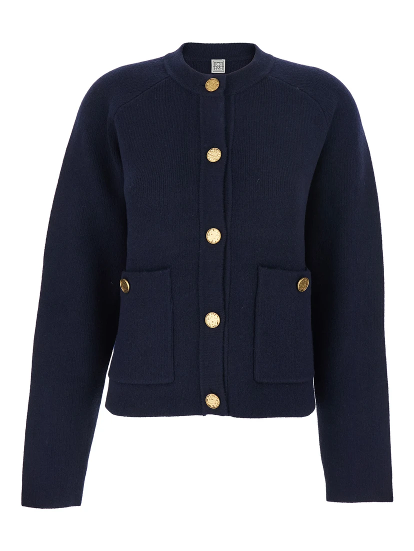 Blue Crewneck Cardigan with Jewel Buttons in Wool Blend Woman