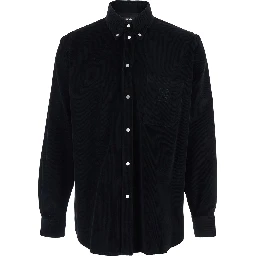 Black Shirt with Button-Down Collar and FF Embroidery on the Front in Corduroy Man