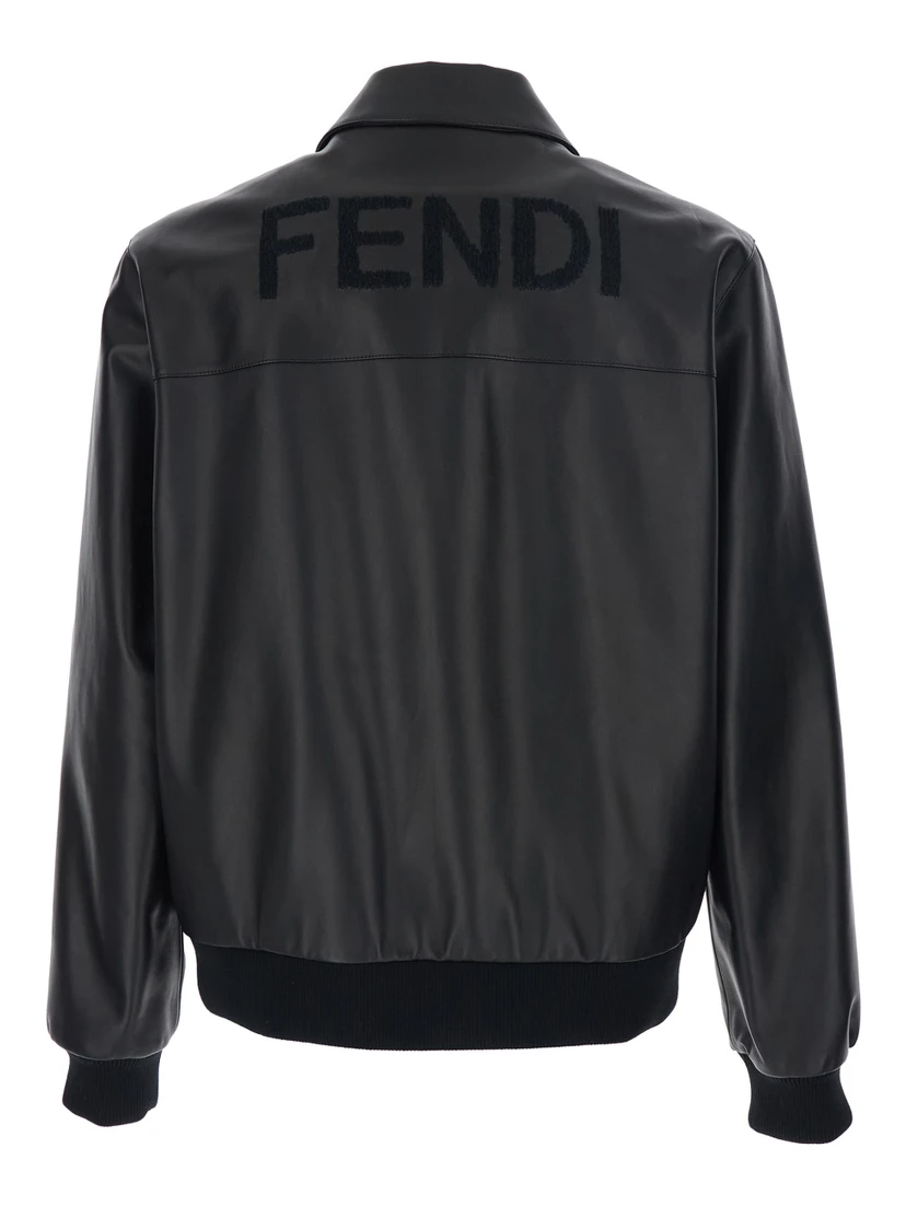 Black Jacket with Classic Collar and Logo Lettering on the Rear in Leather Man