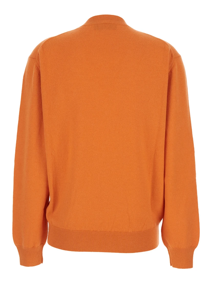 Orange Oversize Sweater with V Neck and Logo Lettering Embroidery on the Front in Cashmere Woman