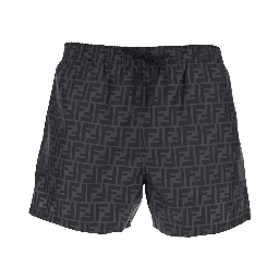 Grey Swim Shorts with Elastic Drawstring Waist and All-Over FF Motif in Tech Fabric Man