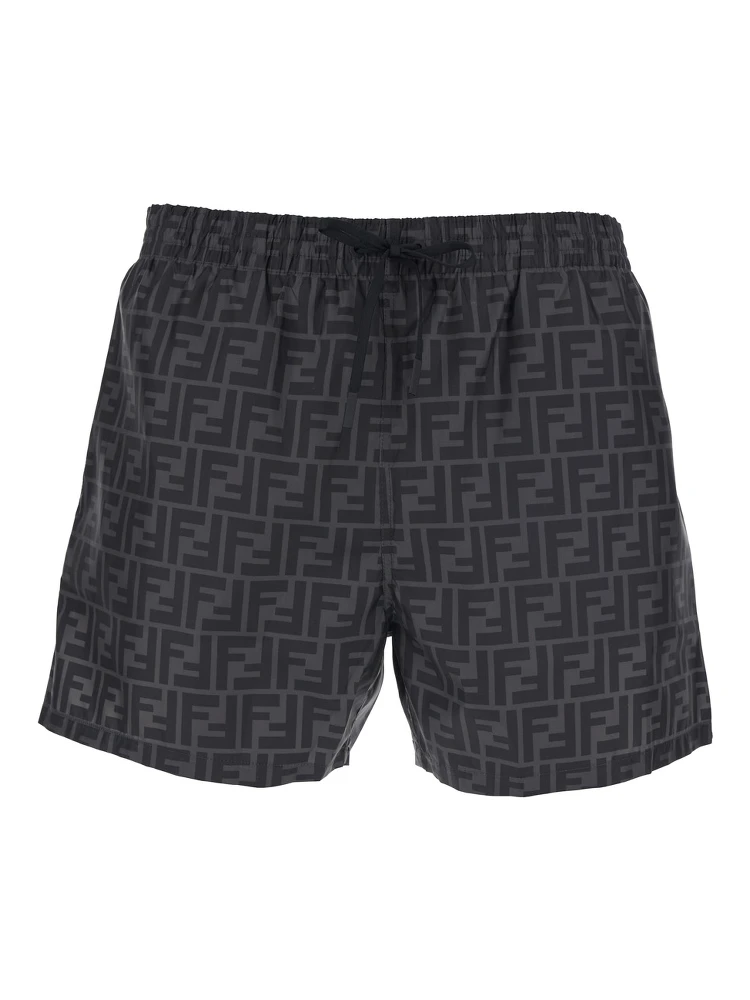 Grey Swim Shorts with Elastic Drawstring Waist and All-Over FF Motif in Tech Fabric Man