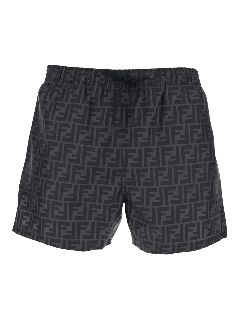 Grey Swim Shorts with Elastic Drawstring Waist and All-Over FF Motif in Tech Fabric Man