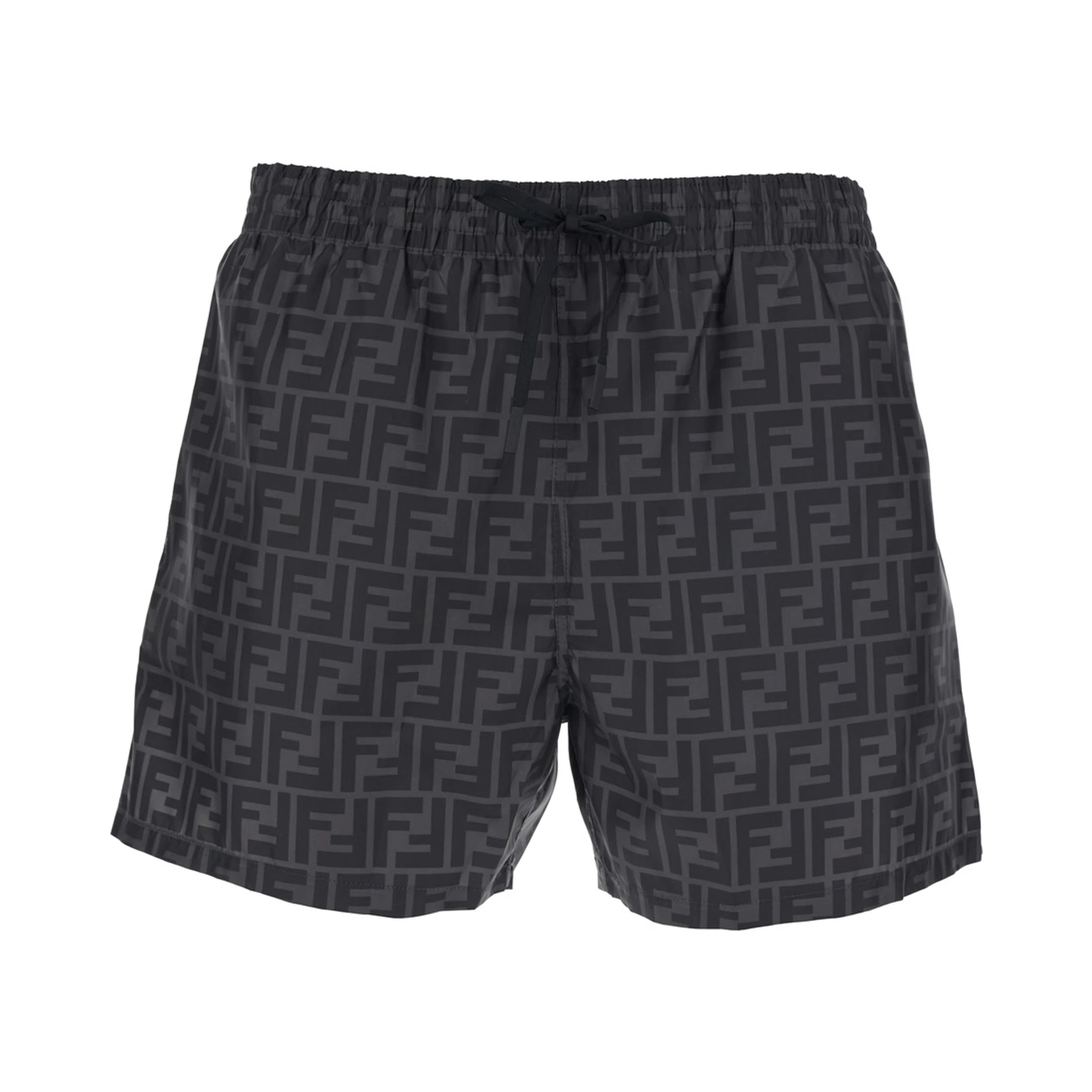 Grey Swim Shorts with Elastic Drawstring Waist and All-Over FF Motif in Tech Fabric Man