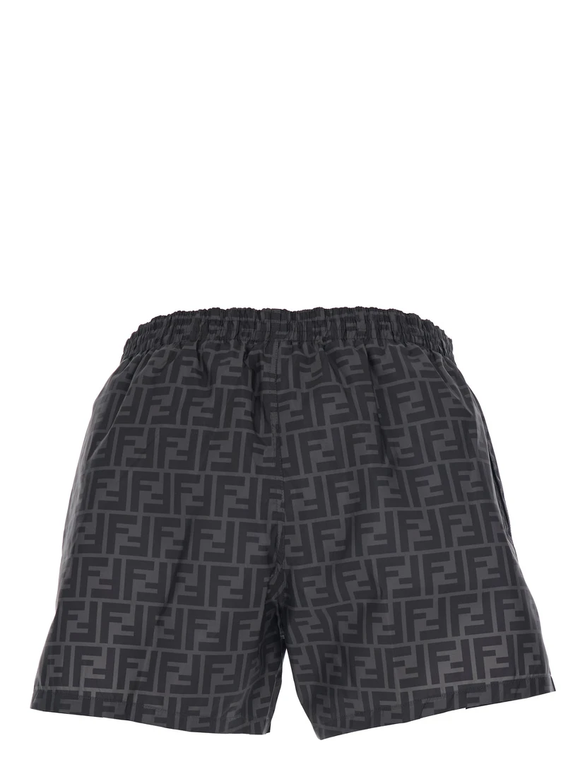 Grey Swim Shorts with Elastic Drawstring Waist and All-Over FF Motif in Tech Fabric Man