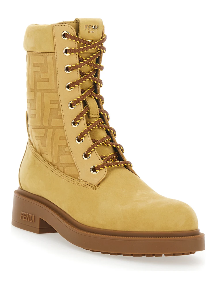Beige Combat Boots with Tone-on-Tone FF Motif and Side Logo in Leather Woman alternative
