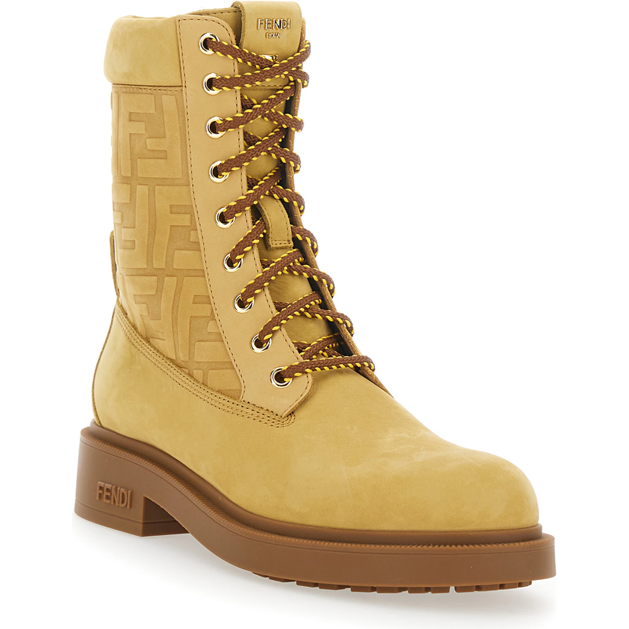 Beige Combat Boots with Tone-on-Tone FF Motif and Side Logo in Leather Woman