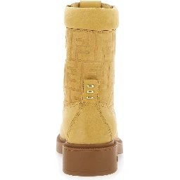 Beige Combat Boots with Tone-on-Tone FF Motif and Side Logo in Leather Woman