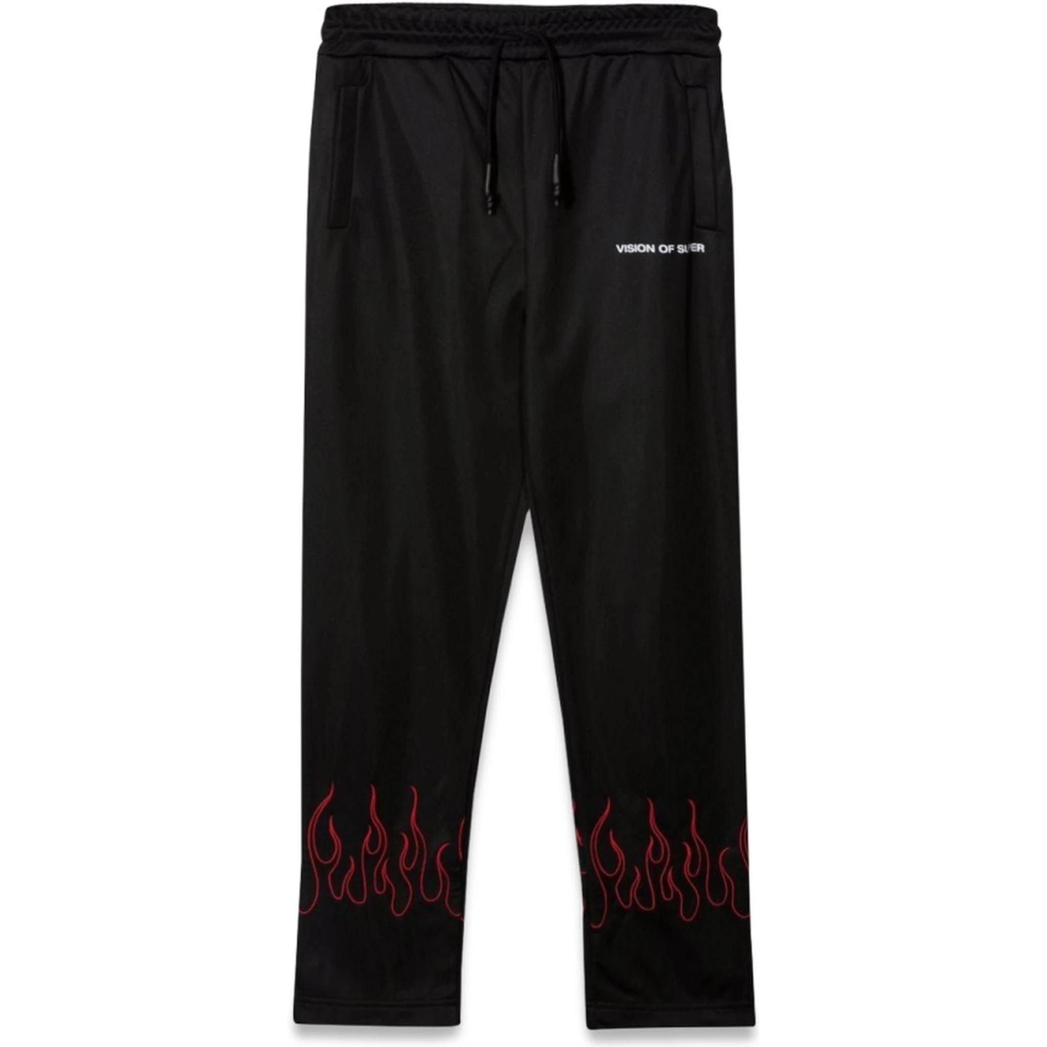 BLACK PANTS WITH RED EMBROIDERED FLAMES