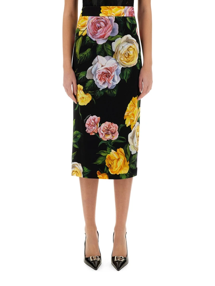 PEONY AND ROSE PRINT CHARMEUSE LONGUETTE SKIRT