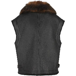 Fur-collar logo leather gilet