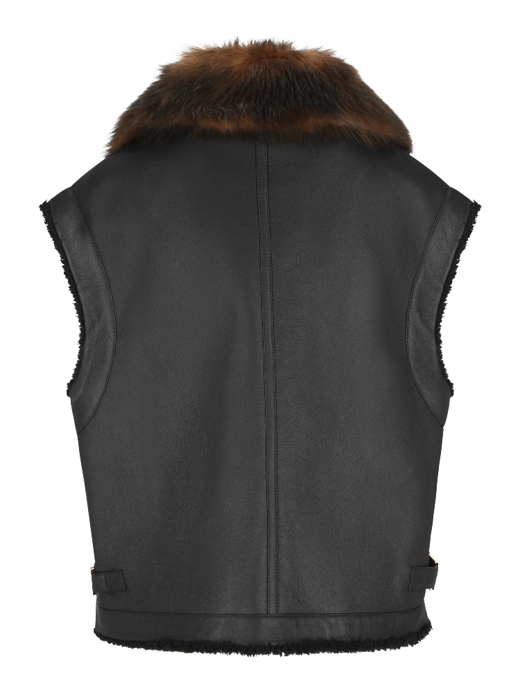 Fur-collar logo leather gilet alternative