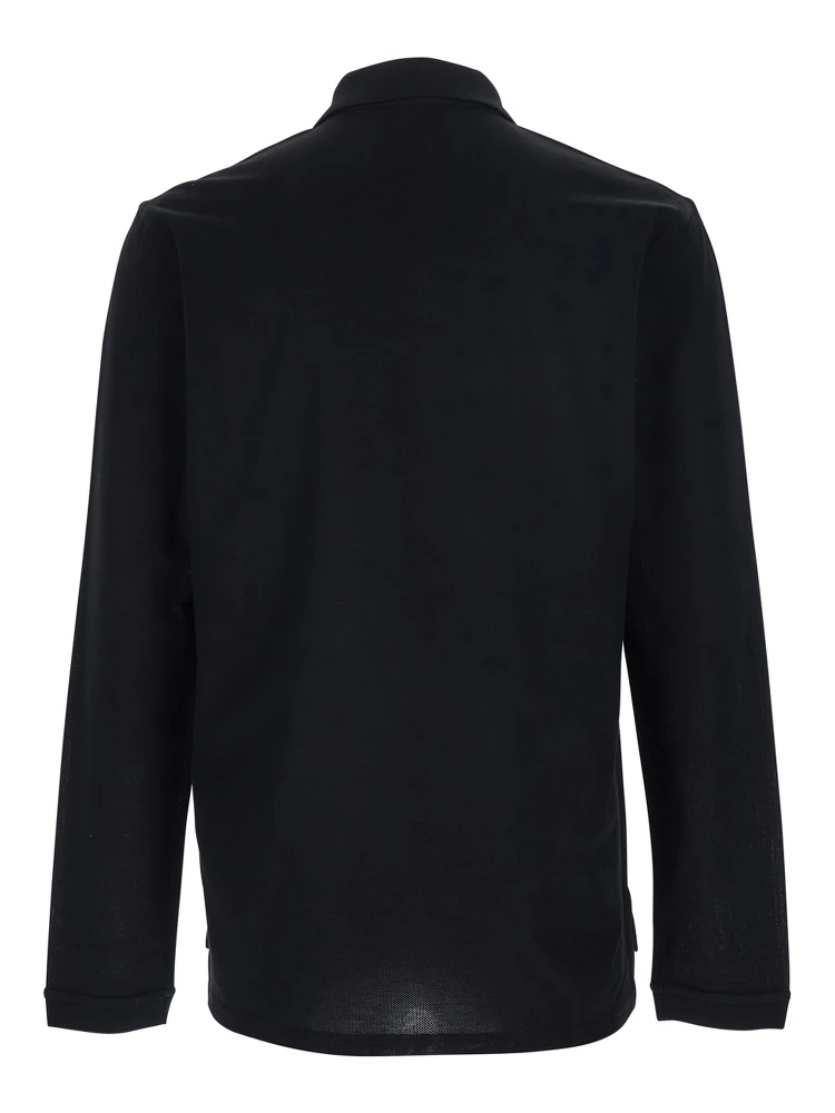 Black Polo Shirt with Logn Sleeves and Chest Logo Patch in Cotton Man alternative