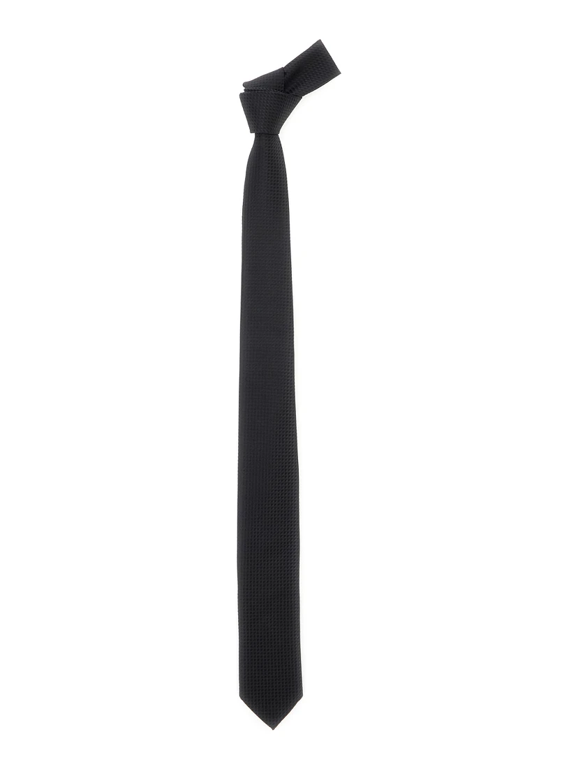 Black Classic Tie with All-Over Check Motif in Silk Man