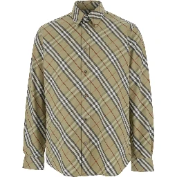 Beige Shirt with Pointed Collar and All-Over Check Motif in Cotton Woman