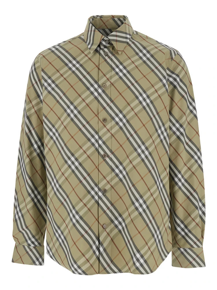 Beige Shirt with Pointed Collar and All-Over Check Motif in Cotton Woman