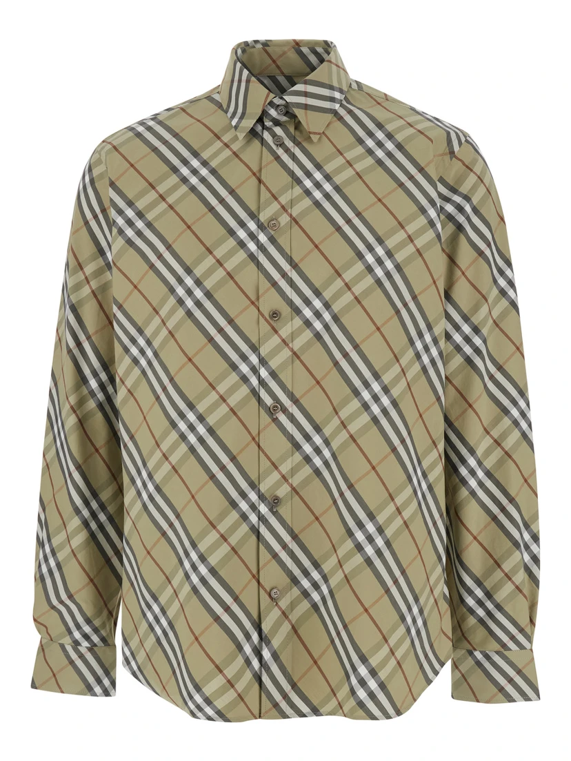 Beige Shirt with Pointed Collar and All-Over Check Motif in Cotton Woman