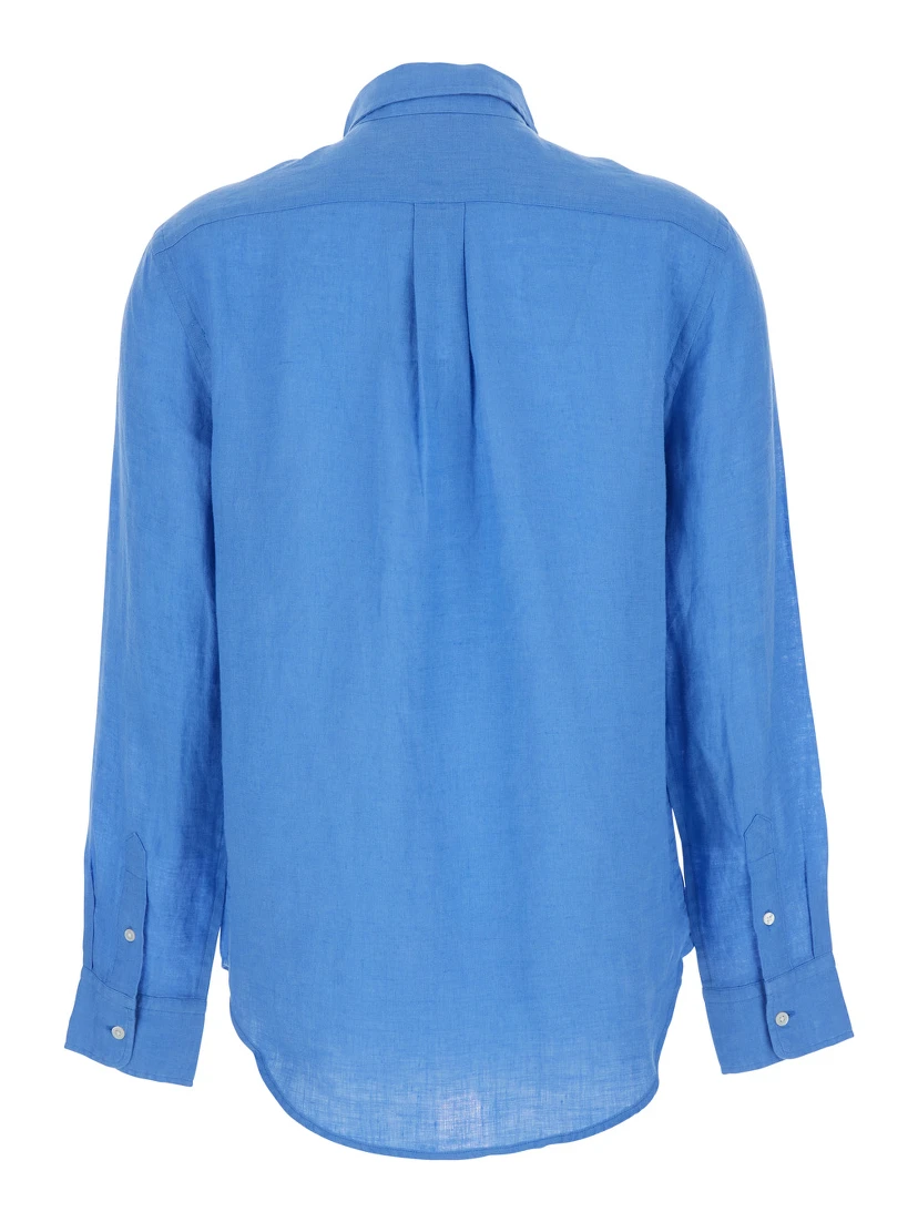 Classic Fit Blue Shirt with Pointed Collar and Pony Logo Embroidered on the Front in Linen Woman