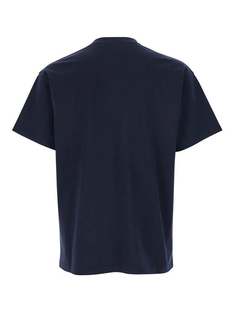 Blue Crew Neck T-Shirt with Chest Logo Patch in Cotton Man alternative