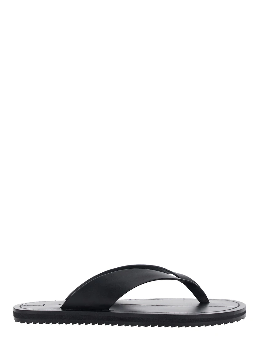 Flora Black Sandals with Flip-Flop Design and Grooved Sole in Leather Woman