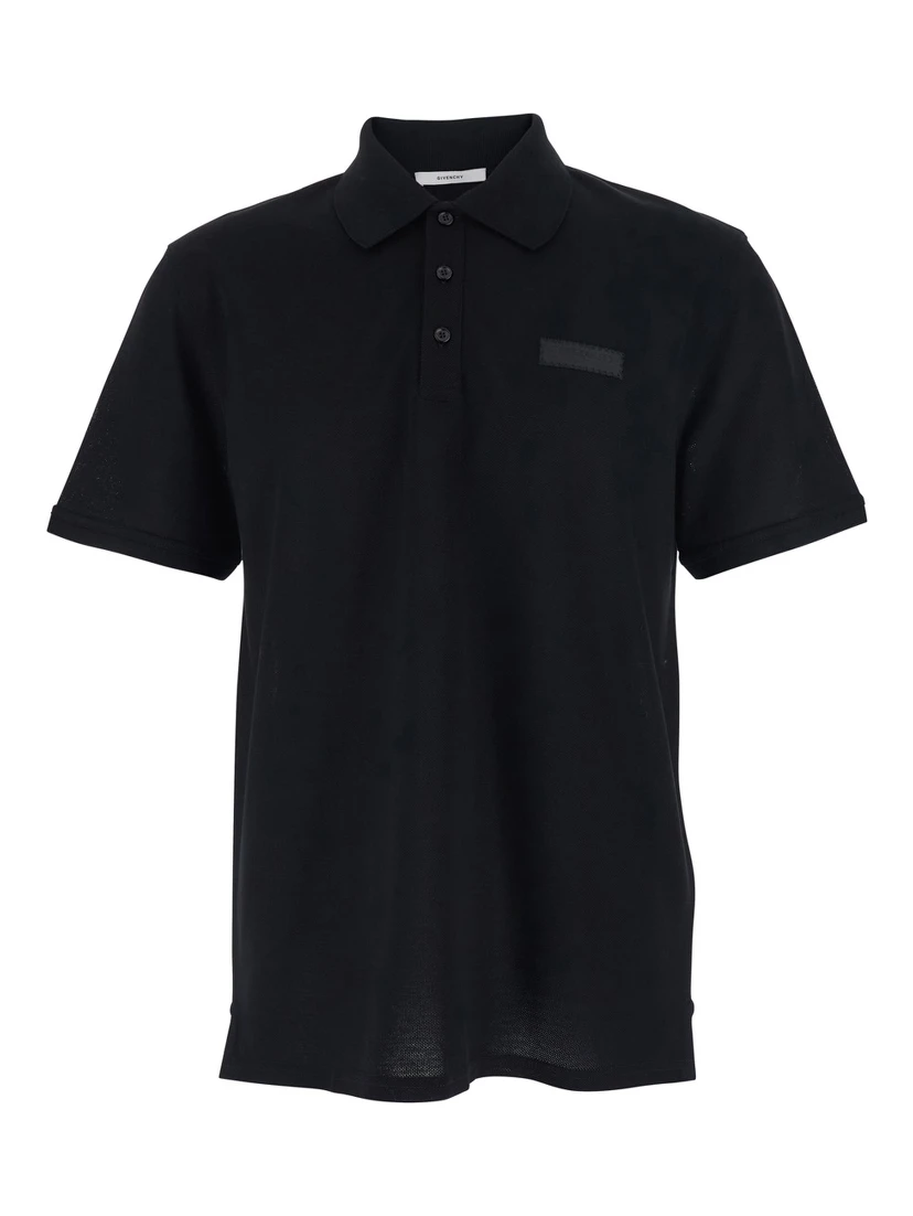 Black Polo Shirt with Chest Logo Patch in Cotton Man