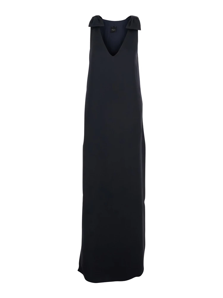 Dark Blue Long Sleeveless Dress with V-Neck in Fabric Woman