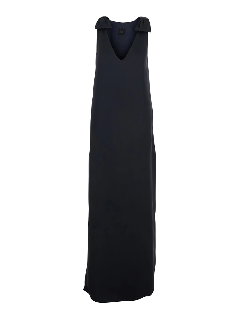 Dark Blue Long Sleeveless Dress with V-Neck in Fabric Woman