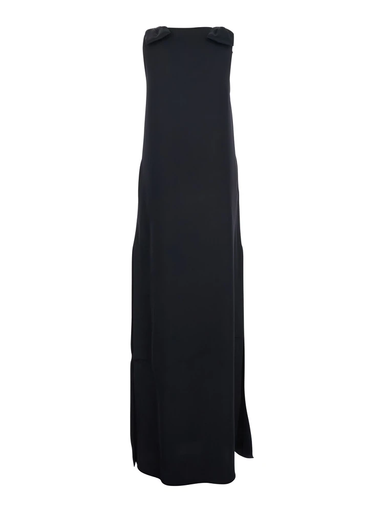 Dark Blue Long Sleeveless Dress with V-Neck in Fabric Woman alternative