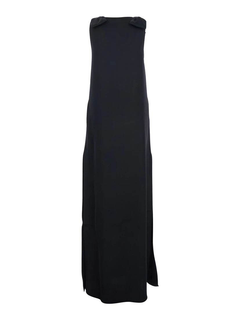 Dark Blue Long Sleeveless Dress with V-Neck in Fabric Woman