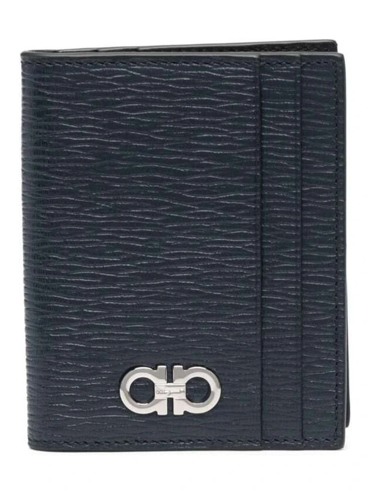 Blue Card Holder with Metallic Gancini Logo on the Front in Leather Man