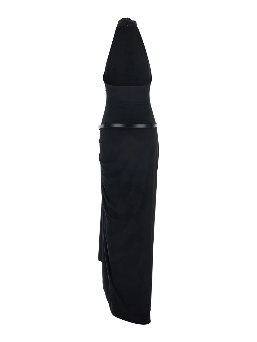 Black Long Dress with Open Back and Logo Belt at the Waist in Fabric Woman