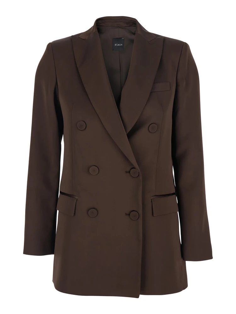Brown Double-Breasted Jacket with Peak Lapels in Satin Woman