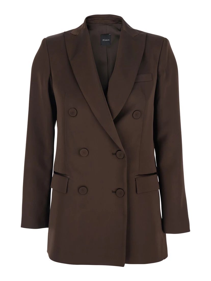 Brown Double-Breasted Jacket with Peak Lapels in Satin Woman